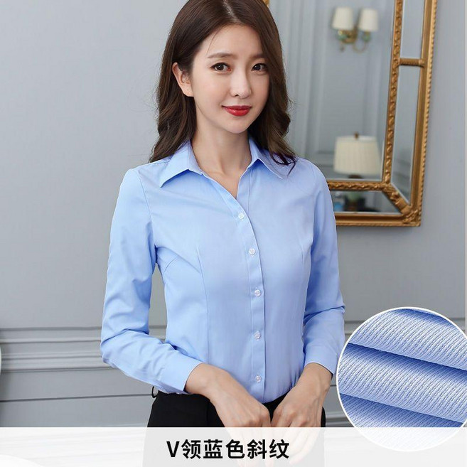白襯衫女長袖春秋職業正裝面試前臺工作服短袖女士襯衣藍 副廠商品