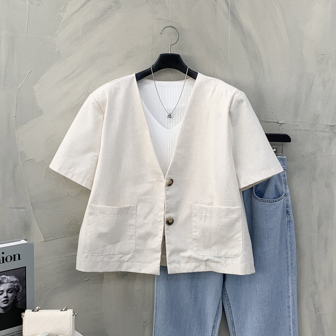 [행복여] 라셀 양 포켓 브이 노카라 린넨 반팔 자켓