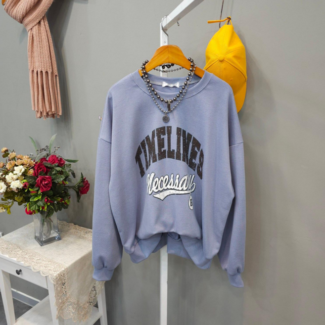 여성용 빈티지 타임라인 오버핏 라운드넥 긴팔 맨투맨