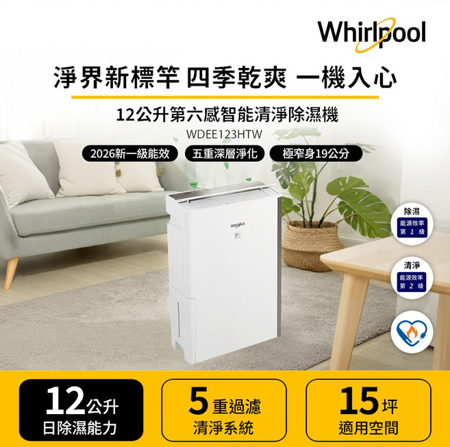Whirlpool 12公升第六感智能淨除濕機 WDE123HTW 12公升日除濕能力, WDEE123HTW