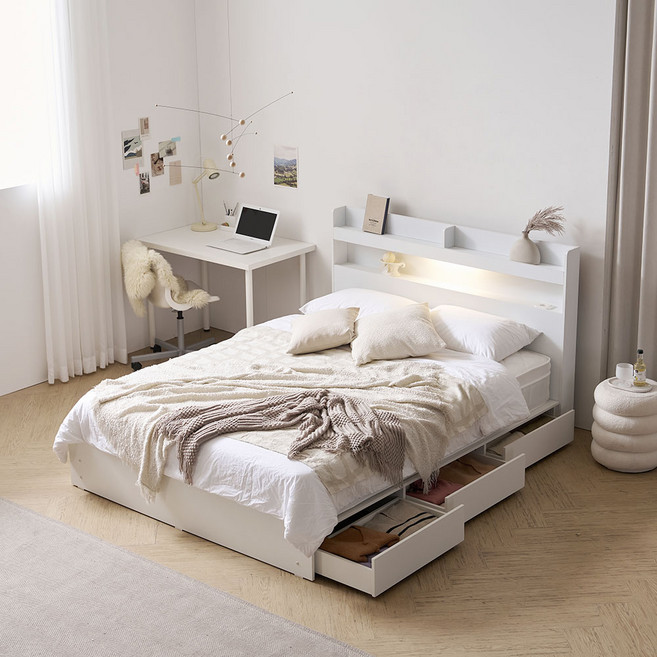 [베디스] 시엘 LED조명 서랍형 수납식 호텔식 침대 프레임 숨결애 독립 포켓 스프링 라텍스 매트리스 침대 세트, 화이트