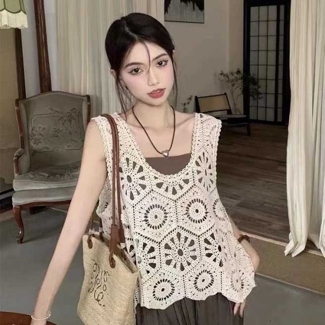 해피유통 여성용 여름 니트 조끼 빈티지 스타일 무늬 패턴 손뜨개 민소매 탑 mgy