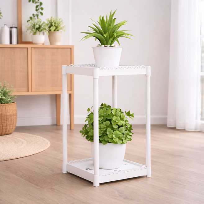 모스터 베란다 거실 화분 선반대 정리대, 2단, 화이트 스퀘어