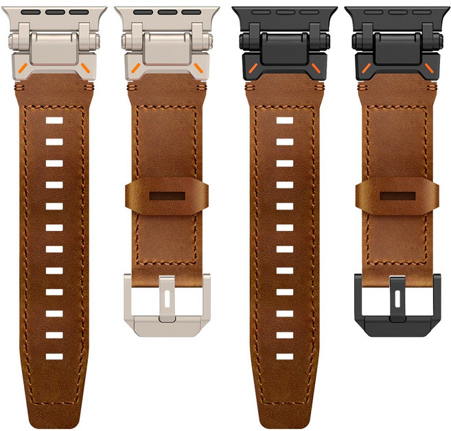 엔인원 애플워치 호환 가죽 스트랩 익스플로러 디자인 시계줄, 블랙+크레이지 호스 브라운 가죽