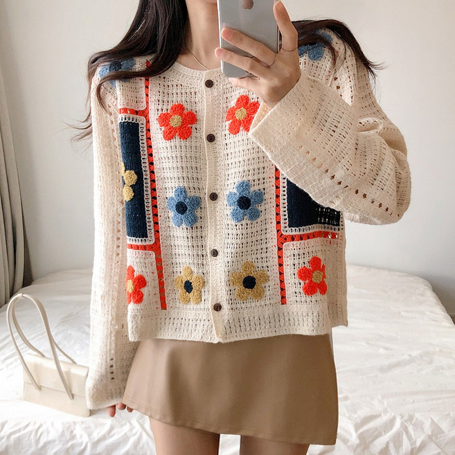 요시아나 [당일발송] 컬러풀한 레인보우 부클 플라워 모티브 뜨개 니트 가디건 2컬러