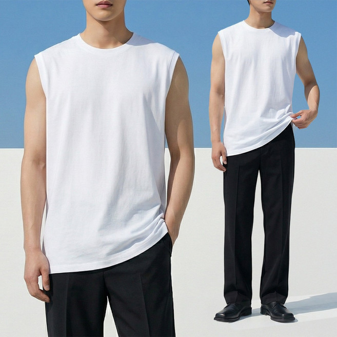 더베이직샵 남녀공용 코마사 면 100% 2장세트 레이어드 라운드 나시 민소매 티셔츠