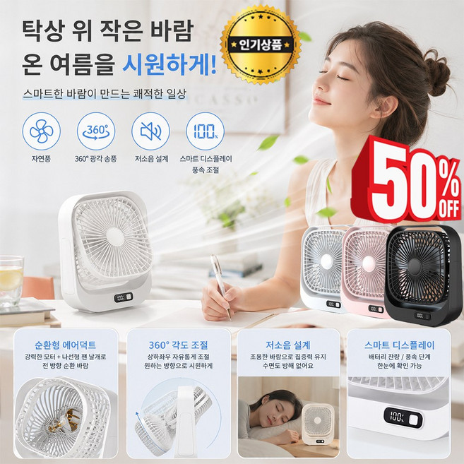 [여름철에는 90%가 사용] 초고속 아이스쿨링 벽걸이 냉풍기 저소음 강력 선풍기 휴대용 회전 미니 선풍기 360광각송풍 지능형 전력량 표시 3에서 6 시간 항속, 흰색, 충전 타입[무소음 + 3단 조절 가능 + 초강력 냉풍]