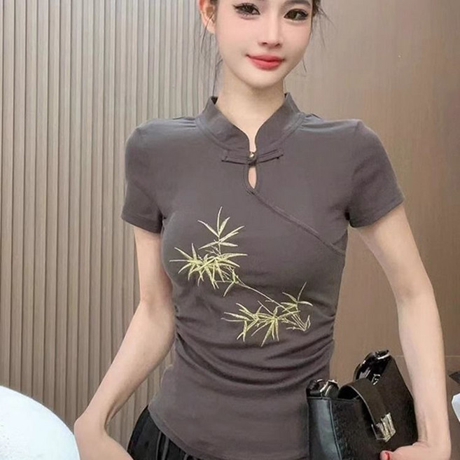 新中式 刺繡盤扣立領短袖T恤