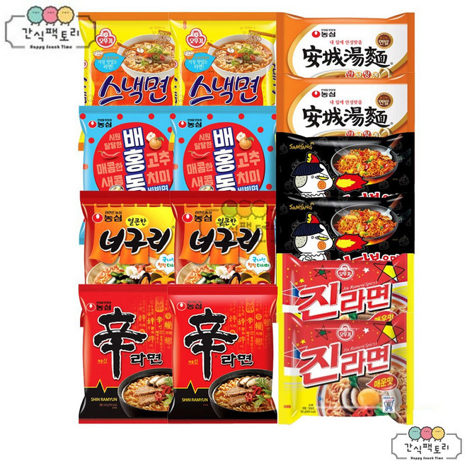 [간식팩토리] 신라면 2봉 + 안성탕면 2봉 + 너구리 2봉 + 배홍동 2봉 + 진라면 매운맛 2봉 + 스낵면 2봉 + 불닭볶음면 2봉, 1세트