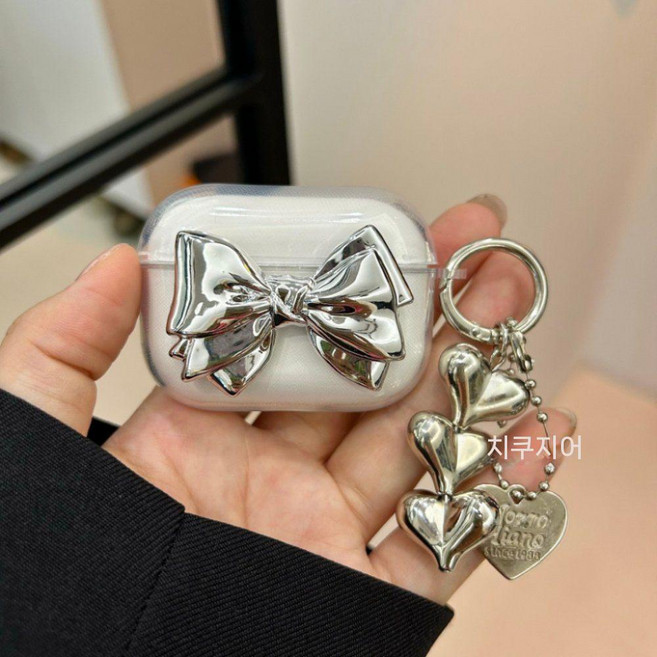 베이스어스 보위 MC1 리본 케이스 미니멀 실리콘 소프트케이스 블루투스 노이즈 캔슬링 입체, Mc1pro, 도금 왕리본 + 하트 펜던트