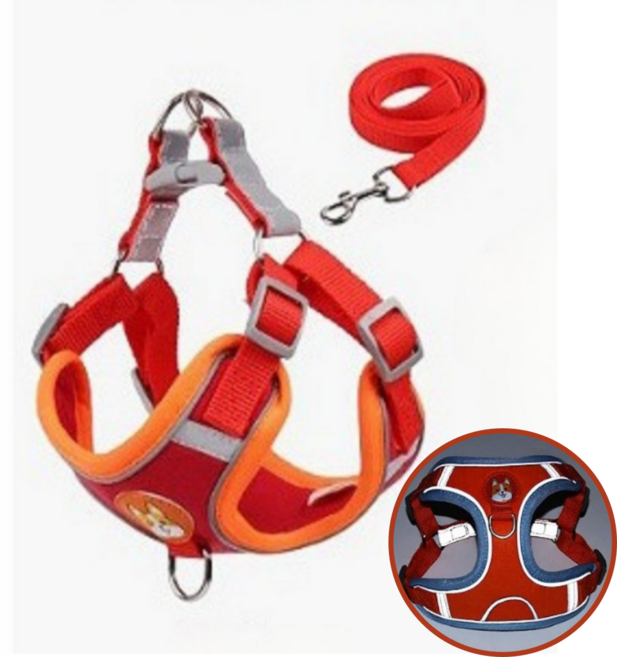 화니행복마트 하네스 H형 앞섬방지 반사 리드줄 세트, 빨강, 1개