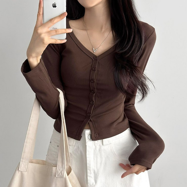 어나더뷰 2807 [옆셔링/쫀쫀] 리뉴 브이넥 긴팔 티셔츠 페이크 단추 레이온 세미크롭 여리 슬림 심플 베이직 가디건 간절기