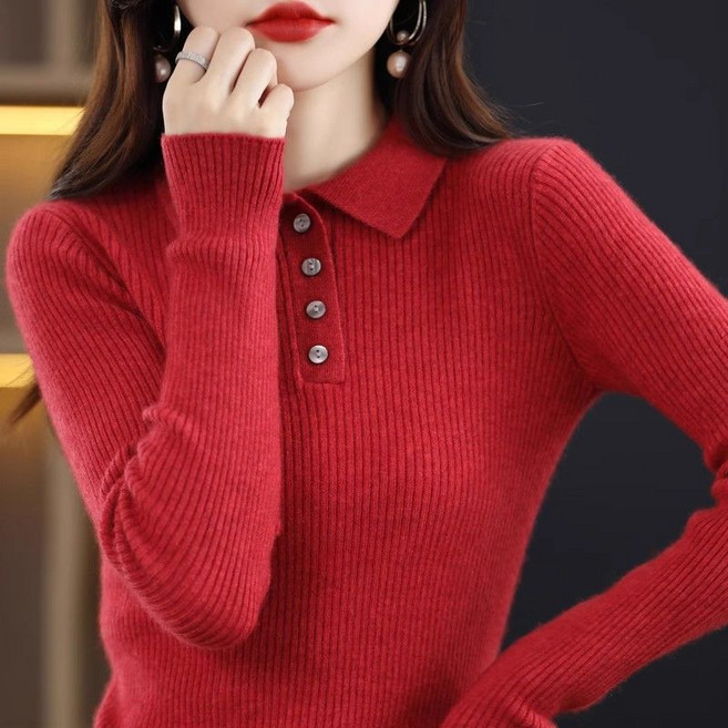 쁘띠꼬모 여성 폴로카라 페미닌 골지 슬림핏 버튼업 데일리 소프트 니트티셔츠 GX5101803