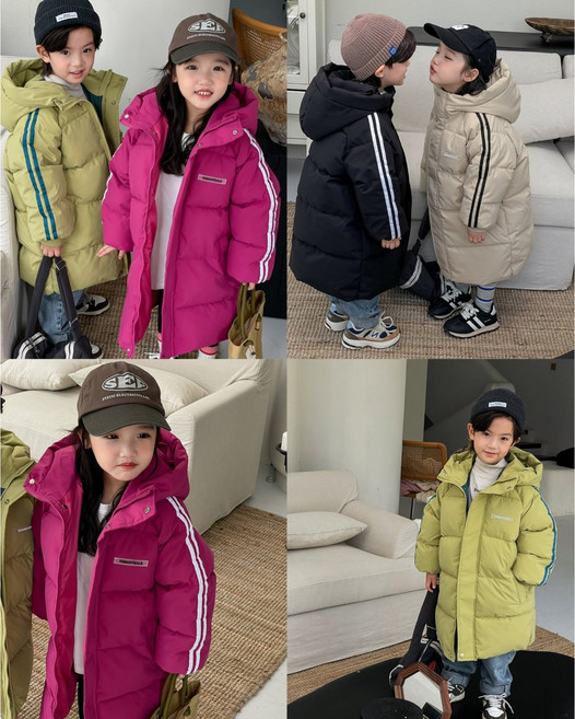 뿜이네 키즈남여공용 롱패딩 후드롱패딩 아우터 라인롱패딩자켓(웰론솜)