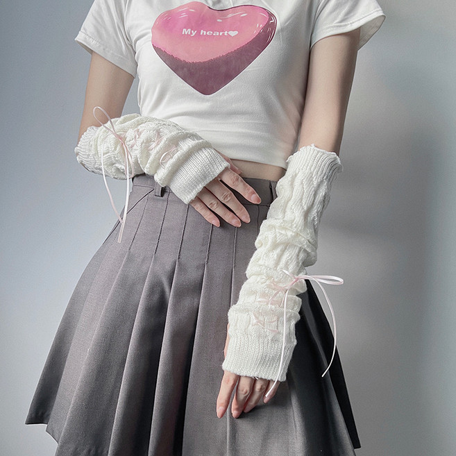 해피유 걸즈리본핸드워머 암워머 손 팔토시 니트 스트립 패션 걸그룹 팔토시