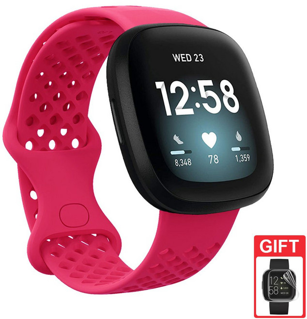 適用於 Fitbit Versa 3 / Versa 4 / Sense / Sense 2 矽膠透氣替換錶帶 腕帶, 玫紅,S, 1個