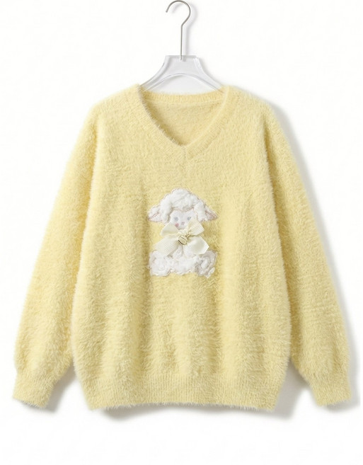 V 넥 스웨터 여성 니트 탑스 리본 양 자수 푹신 푹신 푹신한 셔기 니트 느긋하게 오버 사이즈 두꺼운 따뜻한 긴 소매 세련된 성인 귀여운