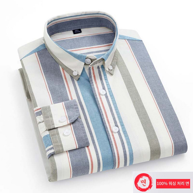 순면 스트라이프 옥스포드 남성 롱슬리브 셔츠 봄 가을용 100% 면 소재 편안한 착용감 클래식 스트라이프 패턴 캐주얼 분위기 중년 청년 남성 일상 출근룩