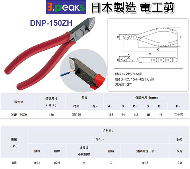 日本 3.peaks DNP-150Z 電線剪 塑料剪 小山 塑膠剪模型剪 斜口鉗 電工剪, 1個, DNP-150ZH(有剝線孔)