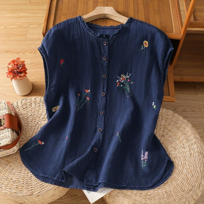 Makone 여성 라운드넥 린넨 민소매 블라우스 캐주얼 코디 자수 슬리브리스 티셔츠