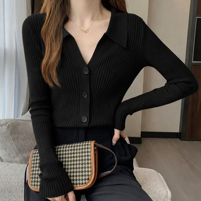 핀디걸 여성 슬림핏 카라 브이넥 니트 가디건 A-23