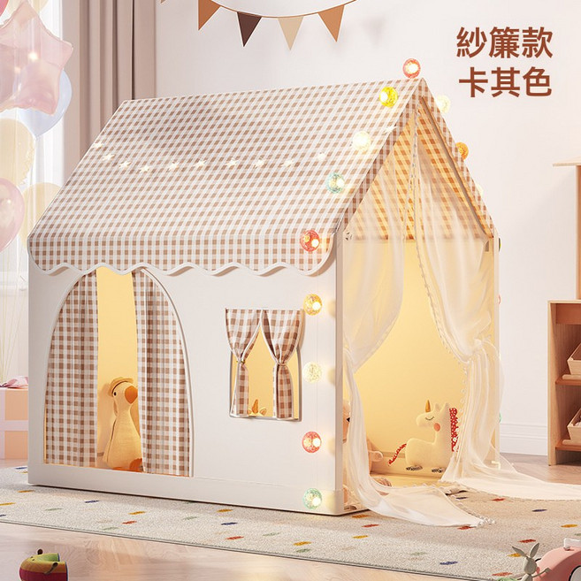 VANLUEE 兒童遊戲屋 室內玩耍 城堡風格, 卡其色紗簾款, 帳篷+星星燈+彩旗+雲朵