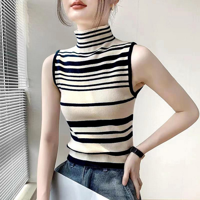 패션 여성 민소매 나시 도톰 이너웨어 상의 슬림핏 민소매 나시티 가을 겨울 여성 스트라이프 목폴라 니트 나시 티셔츠 WXY