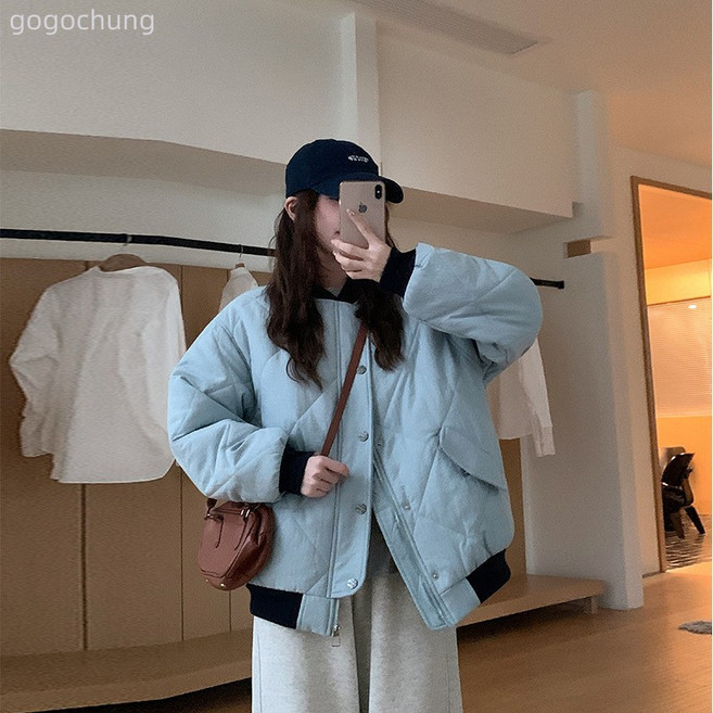 奶藍色棉服女日系復古菱格2025年冬季新款棉襖寬鬆加厚棉衣外套潮