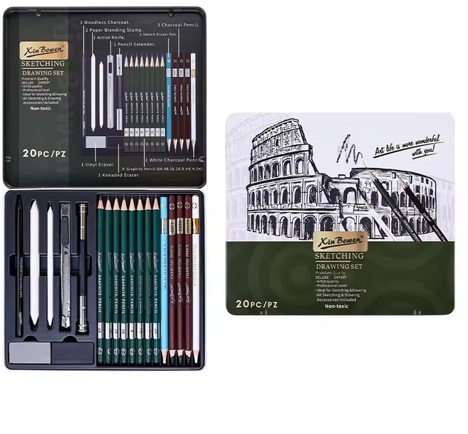 에이치비문화사 프리미엄 드로잉 스케치 틴케이스 원패키지 세트 20p, 1세트