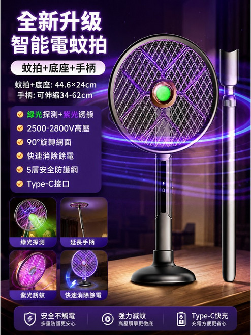 綠光顯蚊 旋轉折疊電蚊拍, [蒼穹夜光電蚊拍]綠光顯蚊/1秒探測, 蒼穹夜光
