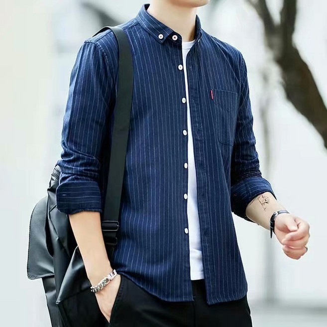 條紋襯衫男【M-5XL】春秋季長袖 工作休閒 潮牌韓版日系大尺碼薄外套