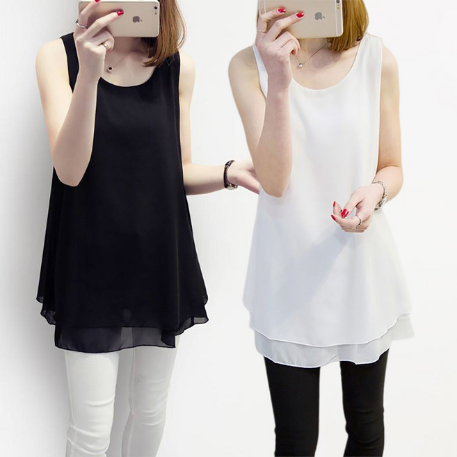 로르카 여성 빅사이즈 라운드넥 루즈핏 시스루 캐주얼 민소매 쉬폰 나시 S032405