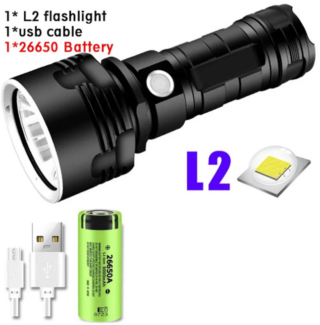 P70 슈퍼 밝은 Led 손전등 높은 전력 캠핑 라이트 USB 충전식 손전등 방수 빛 긴 배터리 수명, L2 26650 battery, 1개