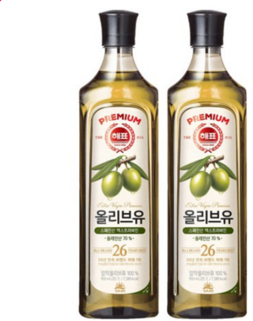 해표 압착 올리브유, 900ml, 2개