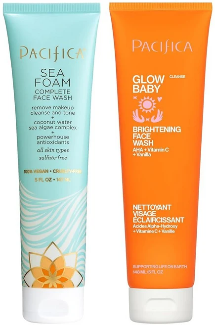 Pacifica 페이스 워시 듀오 – 글로우 베이비 비타민 C 브라이트닝 클렌저 + 씨 폼 젠틀 클렌저 모든 피부 타입용 데일리 각질 제거 페이스 워시 세트 황산염 프리, Pacifica 페이스 워시 듀오 – 글로우 베이비 비, 1, 148ml - 쿠팡