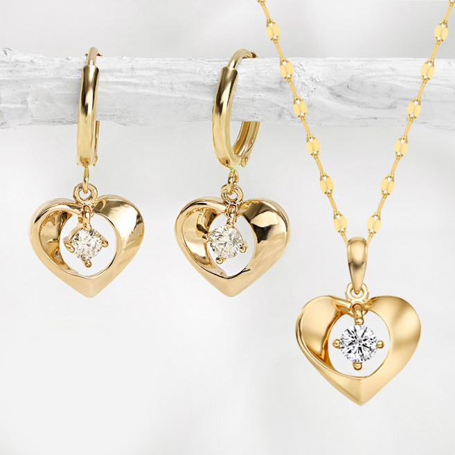 주리에떼 14K 18K 목걸이 귀걸이 1+1 세트 모이사나이트 다이아 로즈골드 데일리 심플 아리엘 하트 여자친구 금 목걸이 원터치 귀걸이 선물