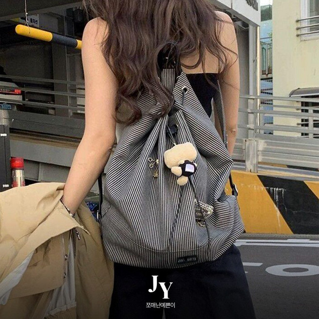 쪼예 캔버스 스트라이프 스트링 대용량 보부상 캐주얼 백팩