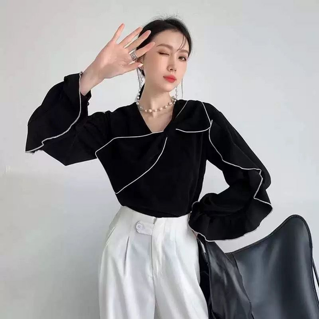 COSYEVNO 여성 봄철 V넥 러플 블라우스 레이어드 라인 디자인 긴팔 LFHnxcs-7