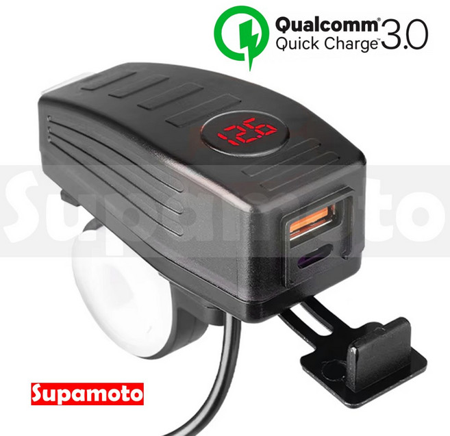 Supamoto PD QC3.0快充 電壓顯示 USB車充 雙孔Type-C 帶開關 車把通用機車改裝, 一套, 黑色, USB.7