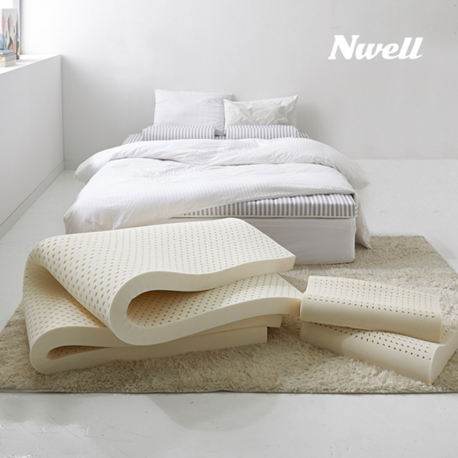 [오늘출발] 느웰 천연라텍스 미디움 베개세트 토퍼 매트리스 + 베개 + 속커버 + 겉커버, 7.5cm, 딥블루그레이
