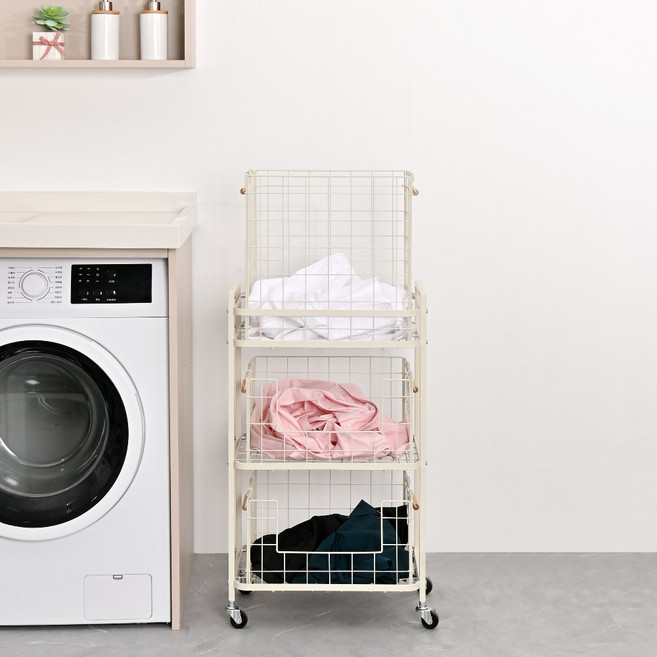 생활의견 대용량 이동식 햄퍼 대형 빨래바구니, 아이보리