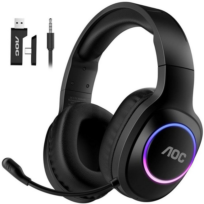 PS5 PS4 닌텐도 스위치 PC 블루투스 5.4 및 2.4용 AOC 무선 게이밍 헤드셋노이즈 캔슬링 마이크 RGB 타입-C 20ms 지연 시간 45H 7.1, Black, Black