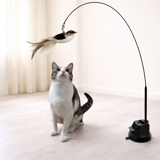 마이굿즈 고양이 낚시대 장난감 초밀착 고정 혼자노는 날아다니는 새 인형 사냥놀이 세트, 1세트, 브라운 버드