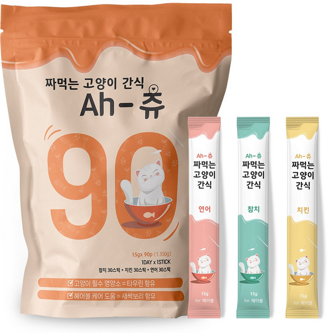 아츄 헤어볼 방지 짜먹는 고양이간식 3가지맛 90p, 1개, 1.35kg, 연어 30p + 닭고기 30p + 참치 30p