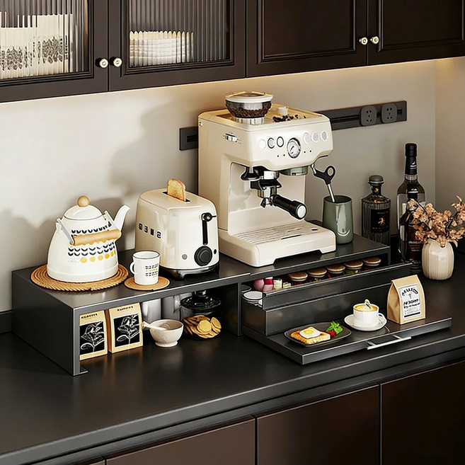 Alemon 철제 슬라이딩 서랍형 확장형 렌지받침대 주방 정리 트레이 수납선반, 검은색, 1개