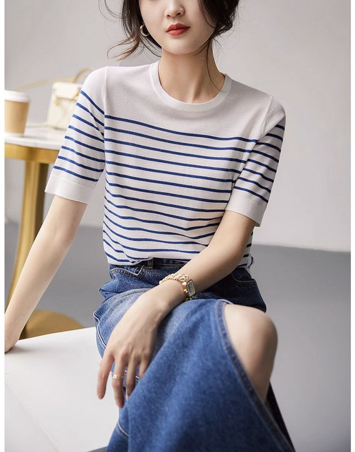 라오농 여성용 봄 여름 줄무늬 라운드넥 반팔 니트 티셔츠 KAJ04J