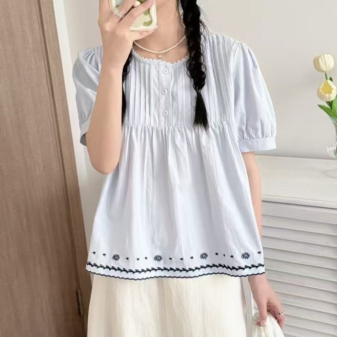 루스리더 여성 주름결 레이스 반소매 데일리 블라우스 ES91