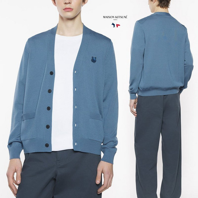 메종키츠네 BOLD 팍스 헤드 패치 레귤러 브이넥 울 가디건 0075