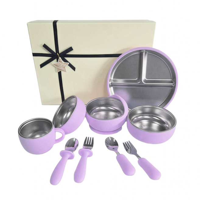 루미베베 아기식판 자기주도 이유식 식판 흡착볼 실리콘 스테인리스 세트, 1세트, 10종, 퍼플