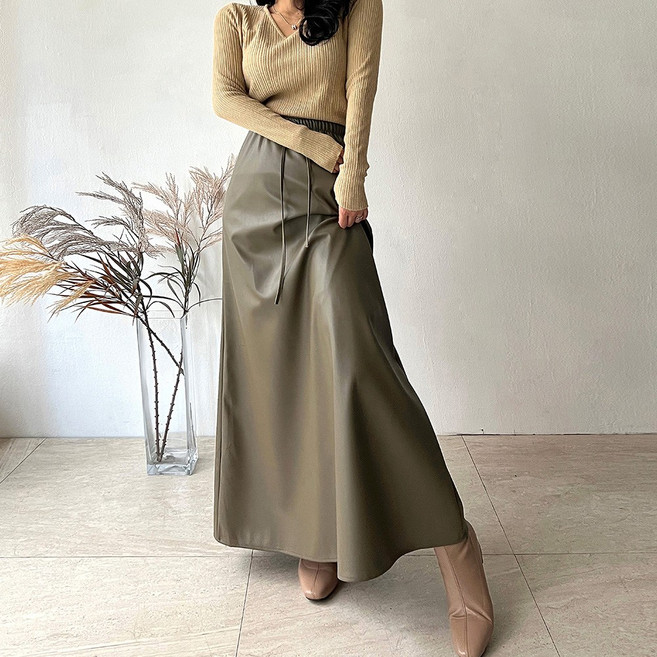 네모엔룩 여성용 밴딩레더롱 페이크레더 허리스트링 밴딩 슬림 A라인 맥시 롱 스커트(인조합성피) NL